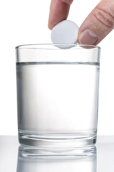 Hand Throws Aspirin Tablet Water Close — Stock Photo, Image