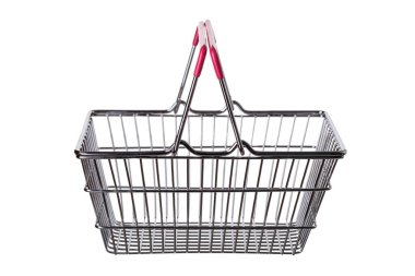 Boş alışveriş sepeti. Beyaz bir arka planda. Kapat.