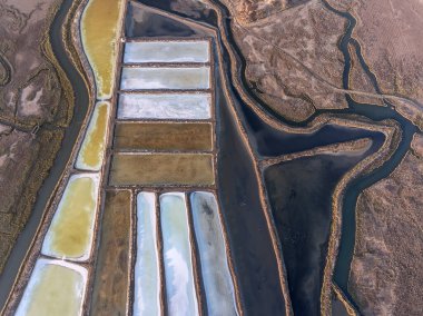 Aerial. Textured fields of swampy salt lakes. Salines of Portugal. Vila Real Santo Antonio. clipart
