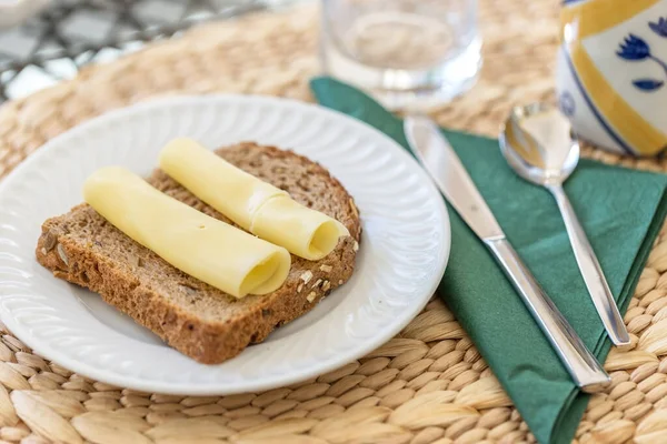 Morning Breakfast Dutch Cheese Black Bread Close — Stock Photo, Image