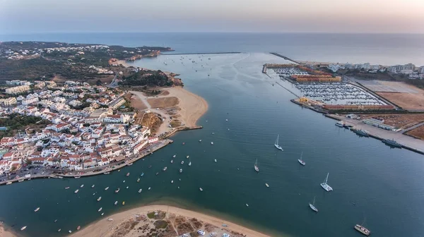 Flygplan Ferragudo Vid Solnedgången Fotografering Från Himlen Med Drönare Portimao — Stockfoto