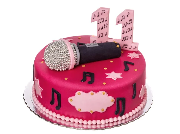 Pequeno bolo de aniversário rosa redondo com frutas mastic e decoração
