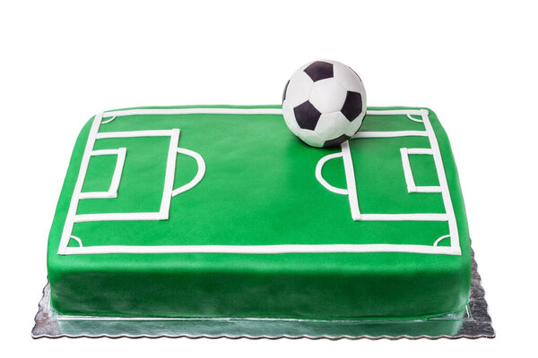 Cake for football player, soccer field and ball. On a white background