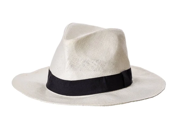 Ανδρικό Καπέλο Μαύρη Κορδέλα Λευκό Φόντο Κλείσε — Φωτογραφία Αρχείου