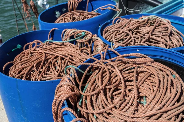 Šňůry Rybářů Sušení Rybaření Modrém Sudu — Stock fotografie