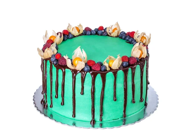 Heerlijke Fruit Groene Taart Voor Een Verjaardagsfeestje Een Witte Achtergrond — Stockfoto