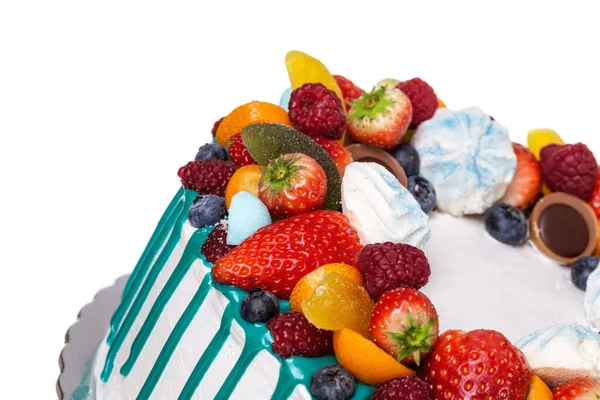 Delicioso Bolo Frutas Com Chocolate Azul Fechar — Fotografia de Stock