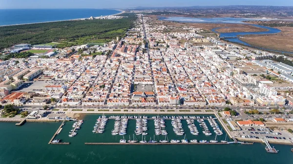 Aérien Village Sur Rivière Guadiana Avec Port Pour Yachts Bateaux — Photo