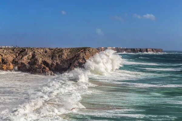 Vento Tempestuoso Onda Das Ondas Sagres Algarve Portugal — Fotografia de Stock