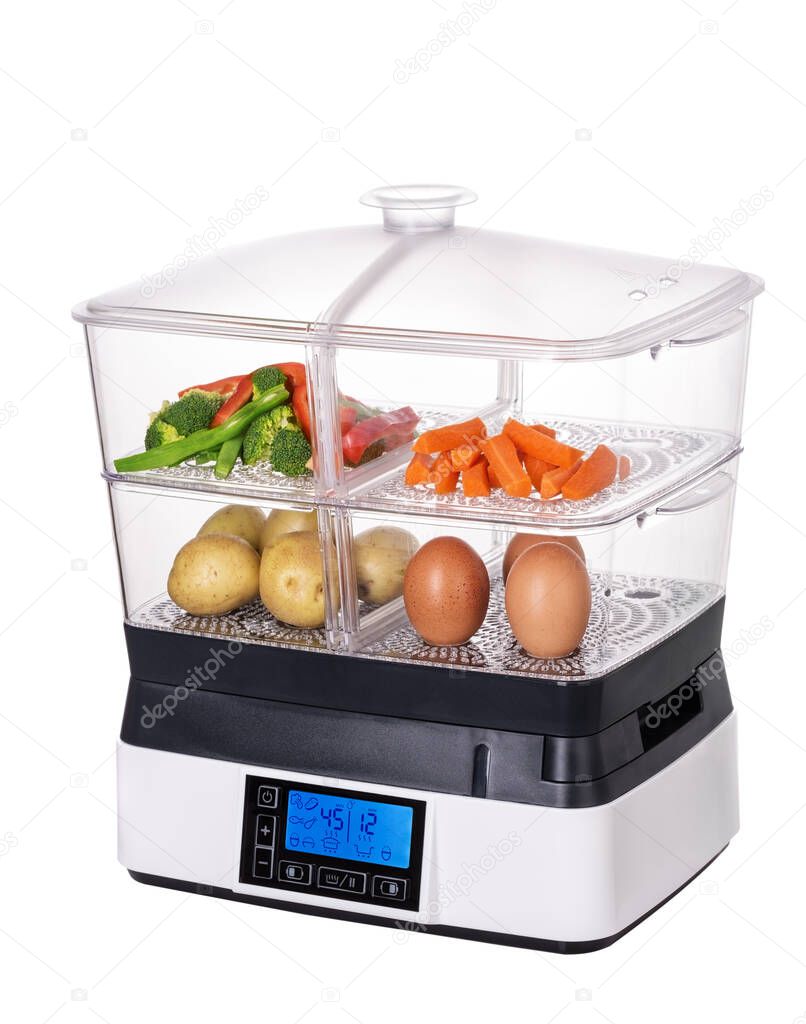 Steamer for vegetables and healthy food. Vegetarianism. Double boiler in white