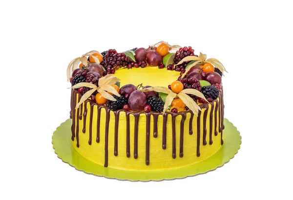 Bolo Delicioso Colorido Com Frutas Chocolate Derramado — Fotografia de Stock