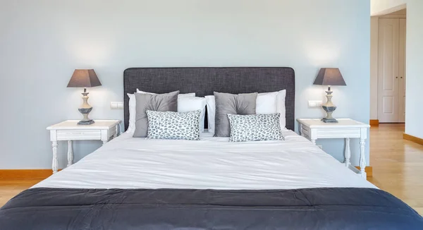 Yatak Odası Yatak Yastıklarla Modern Tarzda Görünüm — Stok fotoğraf
