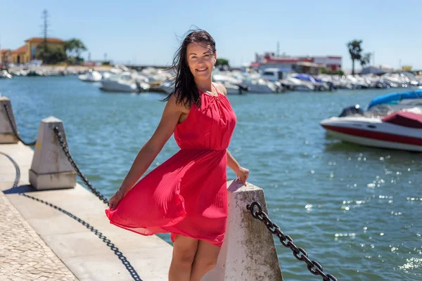 Girl Red Dress Posing Beach Marina Faro — Stock Photo, Image