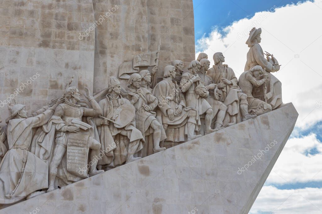 Lisbon July 30, 2018: Detail of sculptures of famous sailors, at monument to the Discoverers, Belem Lisbon.