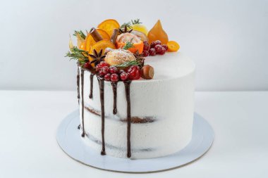 Kış tatili için beyaz arka planda meyve ve süslemelerden yapılmış çikolatalı pasta.