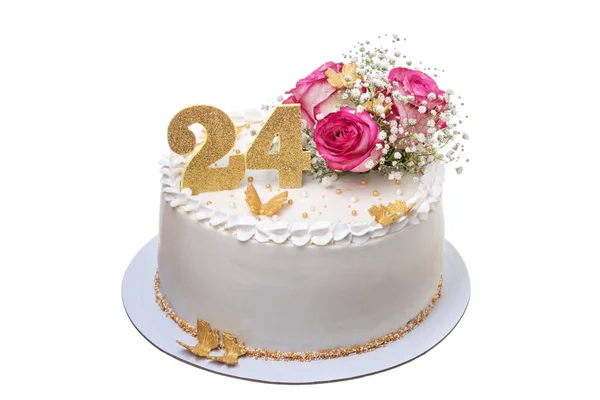 Una Deliziosa Festosa Torta Compleanno Cremosa Con Fiori — Foto Stock