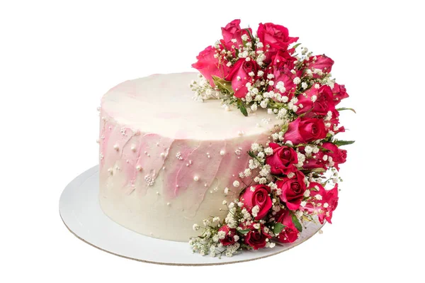 节日期间用花卉蛋糕 上面有玫瑰花 背景是白色的 — 图库照片