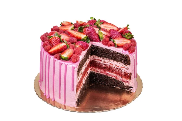 Fruit Roze Taart Voor Een Verjaardag Van Aardbei — Stockfoto