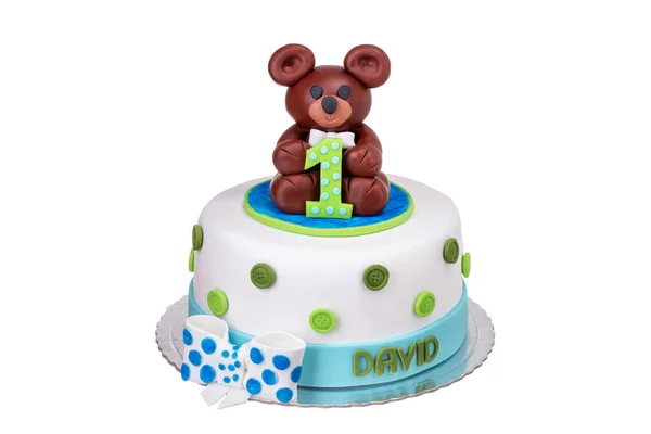 Bolo Com Urso Menino Seu Aniversário Ano — Fotografia de Stock