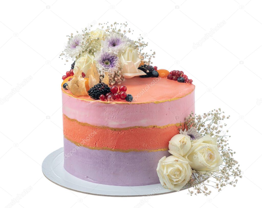 An elegant birthday cake of flowers and berries. On a white background