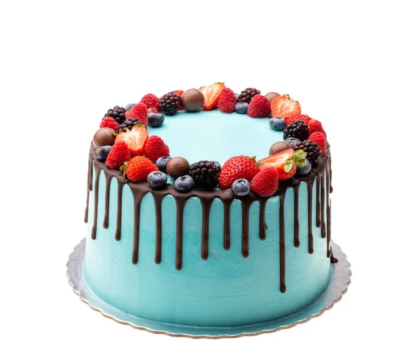 Fruit Cake Poured Chocolate Berries Holidays — Stock Photo, Image