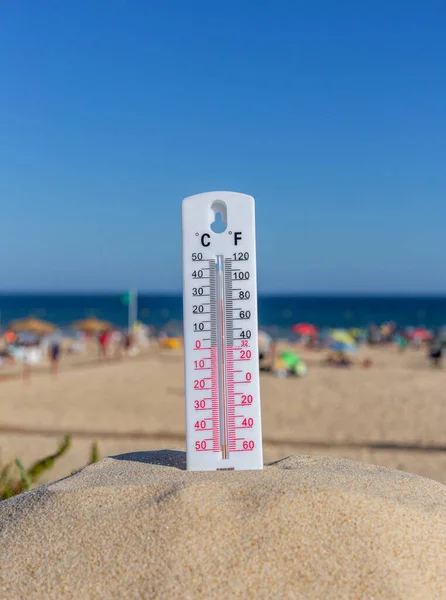 Thermometer for the temperature on the beach, in the summer in the heat. Global warming