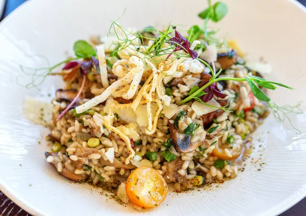 Veganistische Risotto Met Erwten Zaailingen Close — Stockfoto