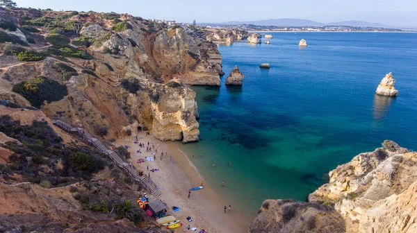 Aéreo Belas Vistas Das Praias Cidade Lagos Céu Portugal — Fotografia de Stock