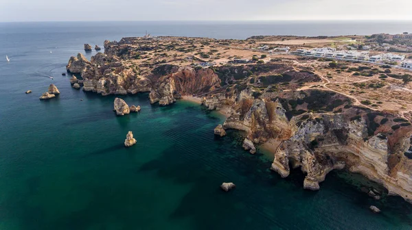 Aéreo Belas Vistas Das Praias Cidade Lagos Céu Portugal — Fotografia de Stock