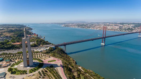 Aerial Panorama Sky Abril Bridge Statue Jesus Christ Lisbon — Stock Photo, Image