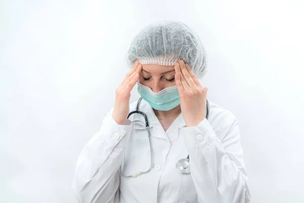 Enfermera Doctora Cansada Después Del Trabajo Una Clínica Laboratorio Con — Foto de Stock