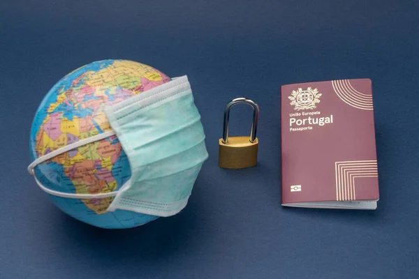 Medical Mask Put Globe Globe Portuguese European Passport Padlock Blue — Stock Photo, Image