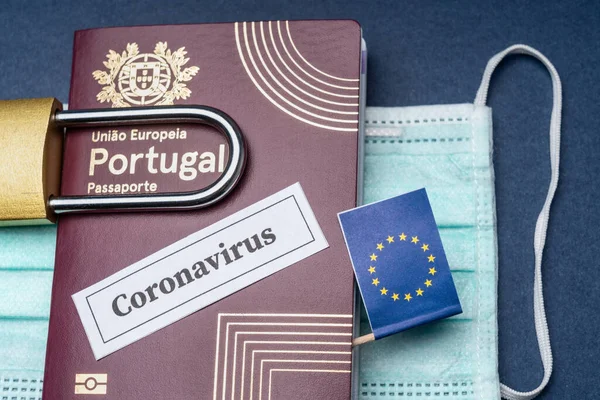 Portuguese European Travel Passport Padlock Mask Blue Background — Stock Photo, Image