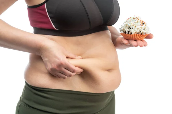 Femme Âge Moyen Peau Ventre Obèse Affaissée Avec Cupcake Sur — Photo