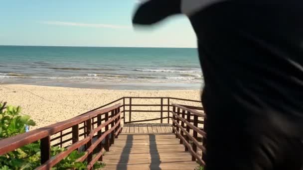 Ein erfolgreicher Mann mittleren Alters rennt auf dem Weg zum Meer und springt vor Glück. — Stockvideo