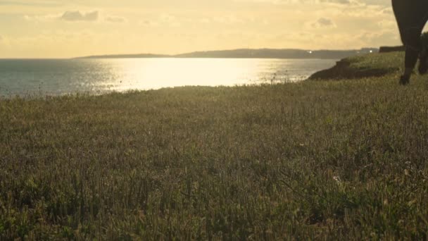 En kvinna joggar på en grusbana vid solnedgången nära havet. Närbild. — Stockvideo