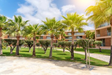 Palmiye ağaçları, yeşil çimenler ve mavi gökyüzü olan modern bir otel, güneş. Portekiz, Algarve.