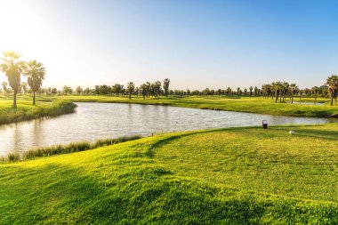 Güzel, yeşil çimenleri, golf sahası, göleti, güneşli mavi ve açık gökyüzü. Portekiz, Algarve.