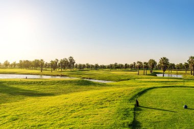 Güzel, yeşil çimenleri, golf sahası, göleti, güneşli mavi ve açık gökyüzü. Portekiz, Algarve.