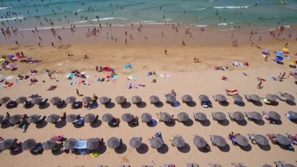 海岸的空中摄影，葡萄牙的盖尔海滩。游客们在雨伞下放松一下，在海里游泳. — 图库视频影像
