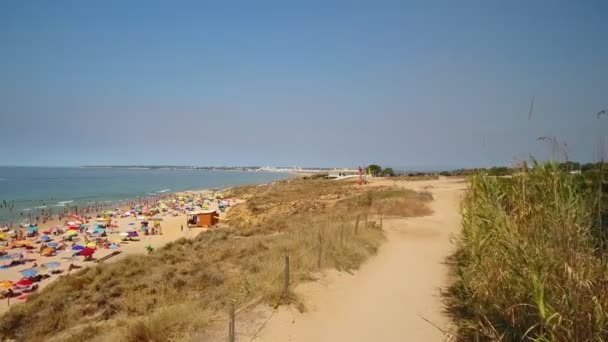 Légi fotózás a tengerparton, dűnék, strandok Gale Portugáliában. A turisták pihennek és úsznak az óceánban. Nem túl nagy előrelépés.. — Stock videók