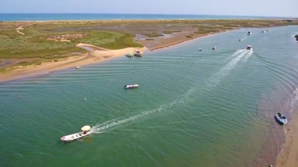 Video riprese aeree, il canale Ria Formosa del villaggio Cabanas de Tavira. Turismo acquatico e pesca tradizionale. Portogallo Algatrve. — Video Stock