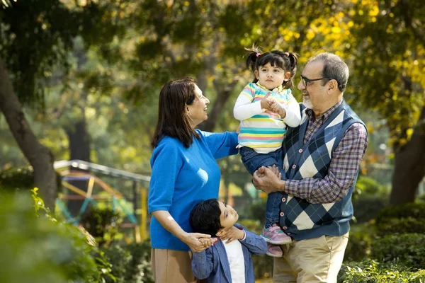 Mutlu büyükanne ve büyükbabalar torunlarıyla vakit geçiriyorlar.