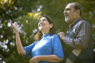 Yaşlı çift parkın diğer ucundaki bir şeye hayran.