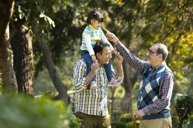 Parktaki mutlu çoklu nesil Hint ailesi.