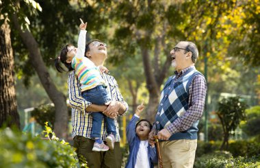 Parktaki mutlu çoklu nesil Hint ailesi.