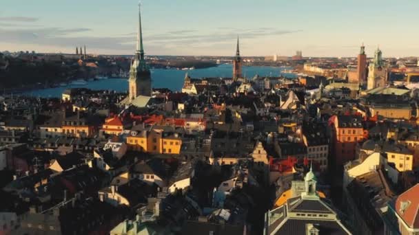 STOCKHOLM, SWEDEN - FEBRUARY, 2020: Aerial view of Stockholm city centre Gamla stan. Flying over buildings in old town. — Stock Video