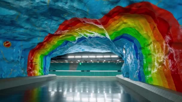 STOCKHOLM, SUÈDE - FÉVRIER 2020 : Timelapse de l'intérieur de la station de métro. Transport et attraction touristique . — Video