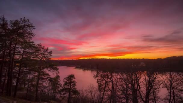 ESTOCOLMO, SUECIA - FEBRERO, 2020: Cronograma de la puesta de sol invernal en el parque de la ciudad. Hermosas nubes brillantes de diferentes colores . — Vídeos de Stock