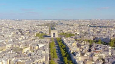 PARIS, FRANCE - MAY, 2019: Aerial drone skyline view of historical city centre with the Triumphal Arch.